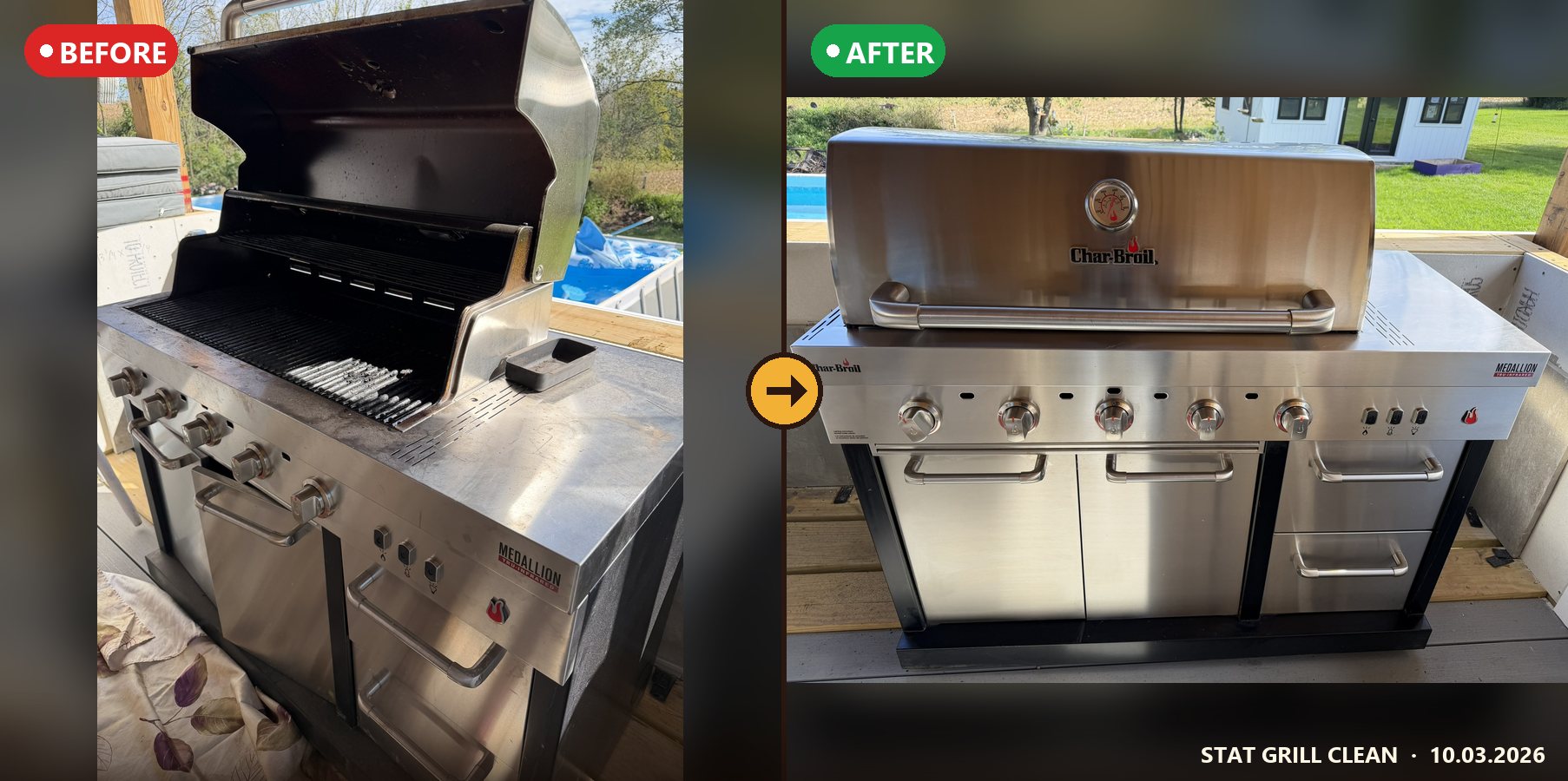 Stainless gas grill, before and after